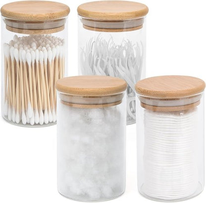 BKYFPQ Glass Qtip Holder Dispenser Set - 4 Apothecary Jars with Lids for Makeup & Bathroom Storage