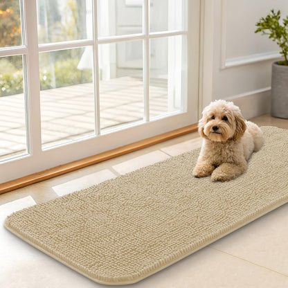 OLANLY Dog Door Mat - Absorbent Non-Slip Chenille Mat for Muddy Paws | 47x17 Inches, Beige