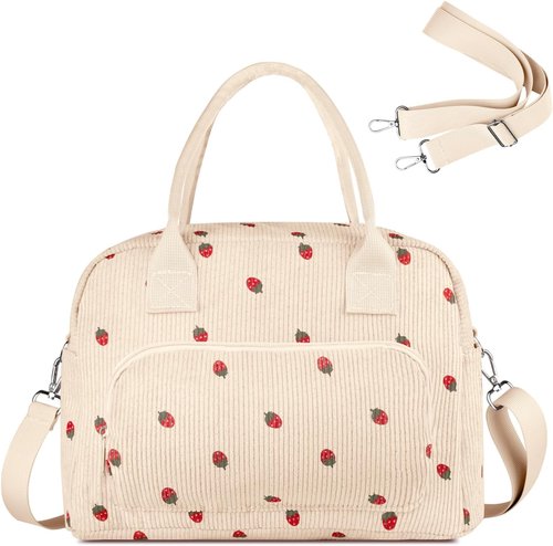 FITDON Insulated Lunch Bag - Leakproof Corduroy Cooler Tote for Work & Picnic | Large Beige Strawberry