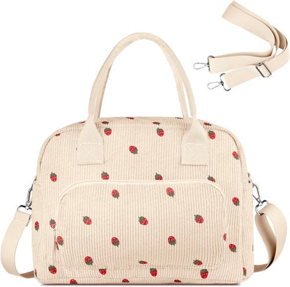 FITDON Insulated Lunch Bag - Leakproof Corduroy Cooler Tote for Work & Picnic | Large Beige Strawberry