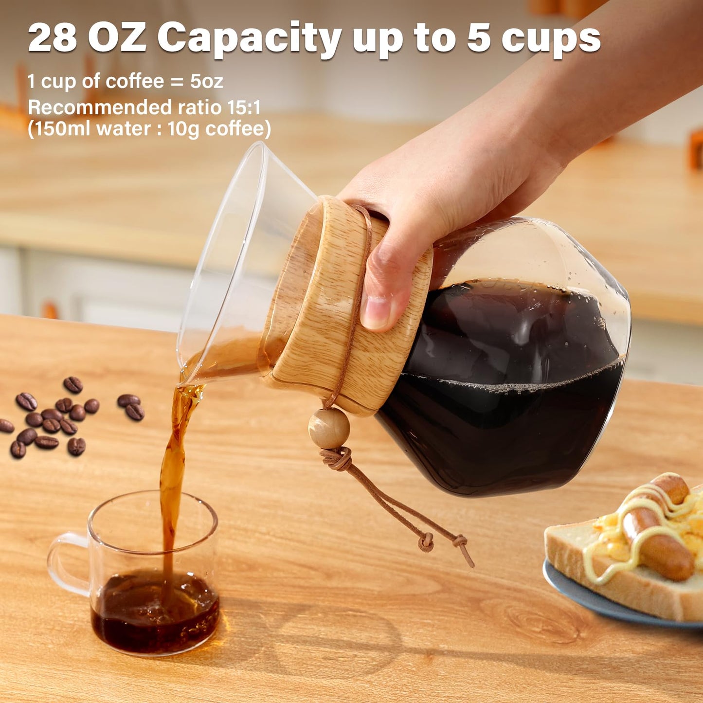 COPOTEA Pour Over Coffee Maker with Double Layer Stainless Steel Filter, 28oz / 800ml Coffee Dripper Brewer, High Heat Resistant Carafe, Wooden Collar Coffee Carafe