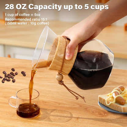 COPOTEA Pour Over Coffee Maker with Double Layer Stainless Steel Filter, 28oz / 800ml Coffee Dripper Brewer, High Heat Resistant Carafe, Wooden Collar Coffee Carafe