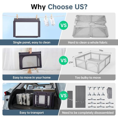 Large Baby Playpen - Adjustable 79x71 Inch Foldable Indoor & Outdoor Toddler Fence | Dark Grey
