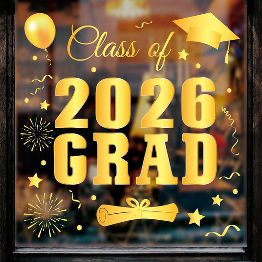 Whaline Graduation Window Clings - Class of 2026 Gold Foil Congrats Grad Decals | Reusable Home & Classroom Decor