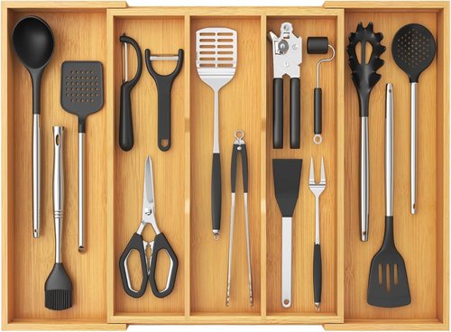 Lifewit Utensil Organizer - Expandable Kitchen Drawer Tray for Cutlery & Silverware | Natural Wood, 15.6-28 x 18.5