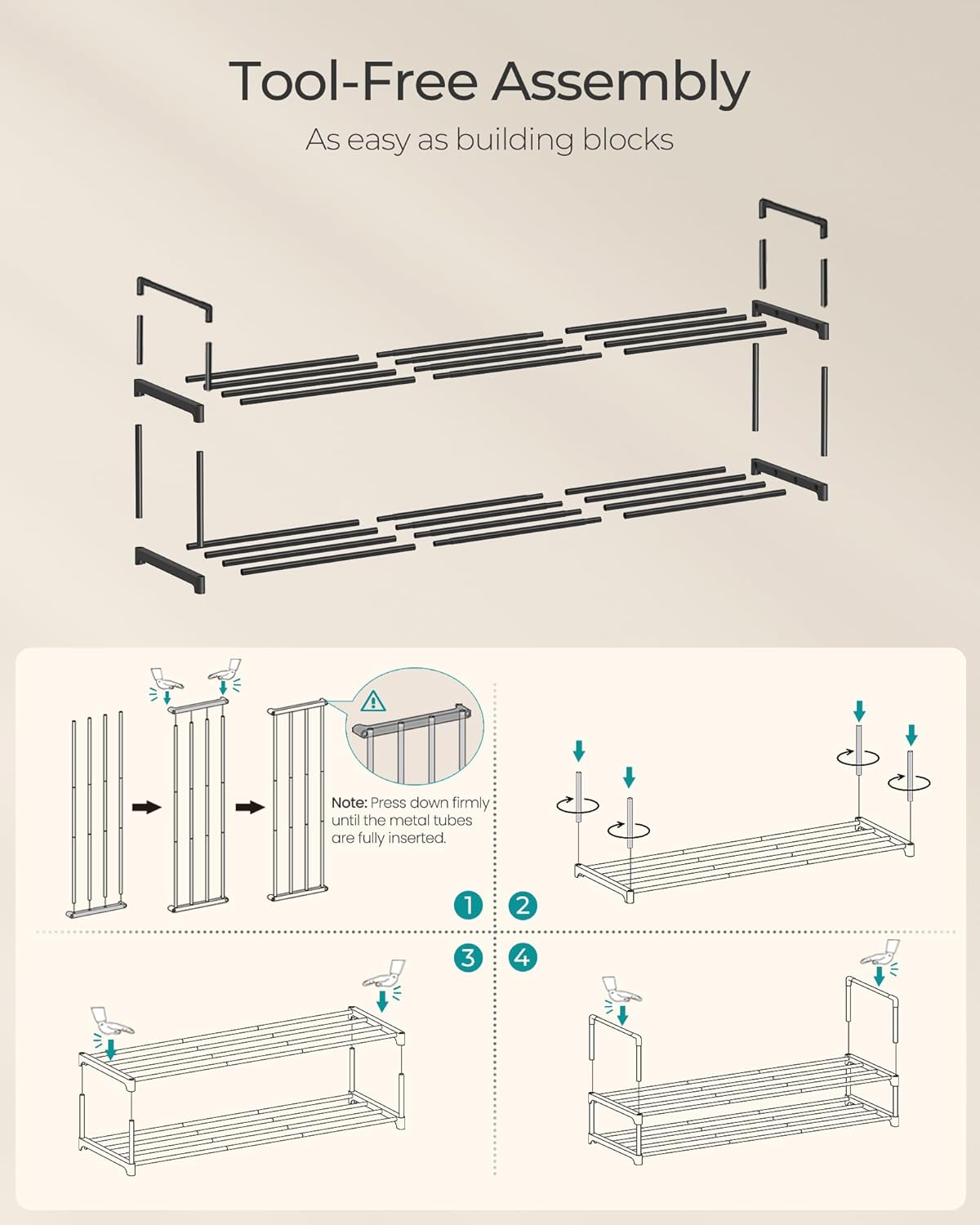 SONGMICS 2-Tier Shoe Rack - Stackable Metal Organizer for 15-18 Pairs | Black, 11.8 x 46.1 x 14.6 Inches
