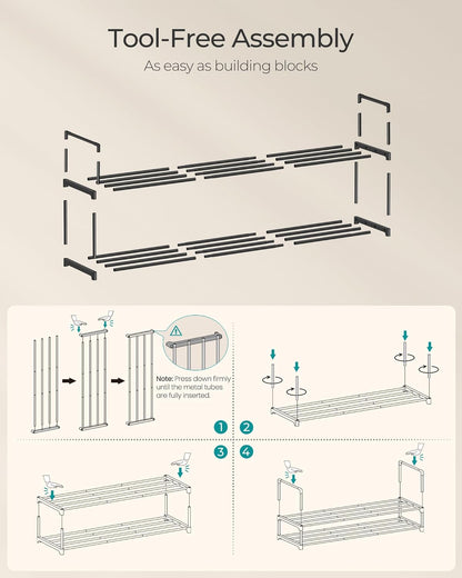 SONGMICS 2-Tier Shoe Rack - Stackable Metal Organizer for 15-18 Pairs | Black, 11.8 x 46.1 x 14.6 Inches