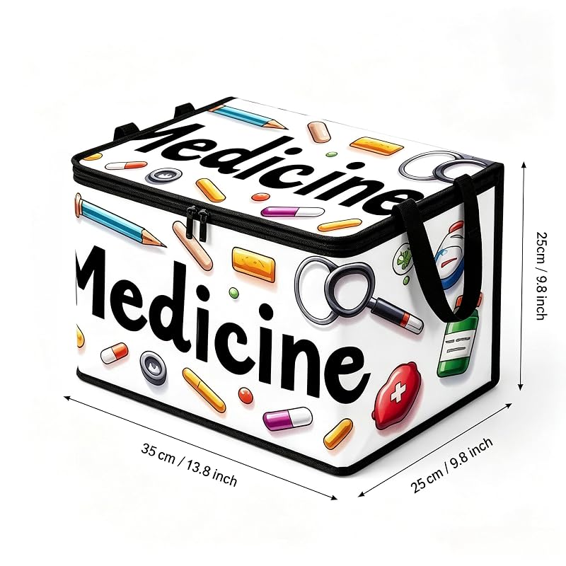 Medicine Print Storage Bin with Lid and Handles, 25x35cm - White, for Pills & Small First Aid Supplies