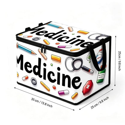 Medicine Print Storage Bin with Lid and Handles, 25x35cm - White, for Pills & Small First Aid Supplies