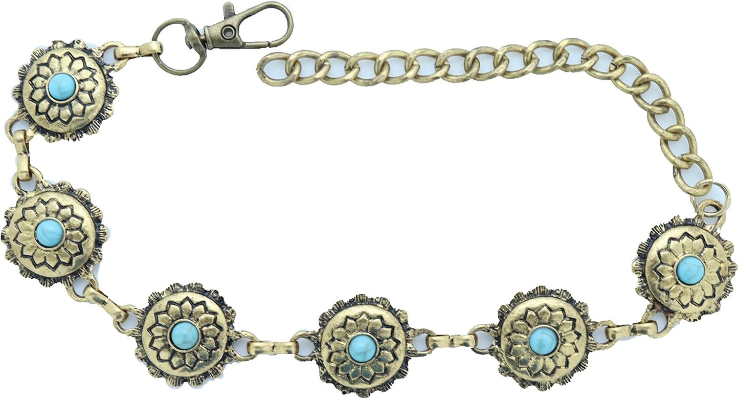 Skiennix Women's Western Antique Metal Boot Chain Anklet - Turquoise Blue Bead Flower Charm