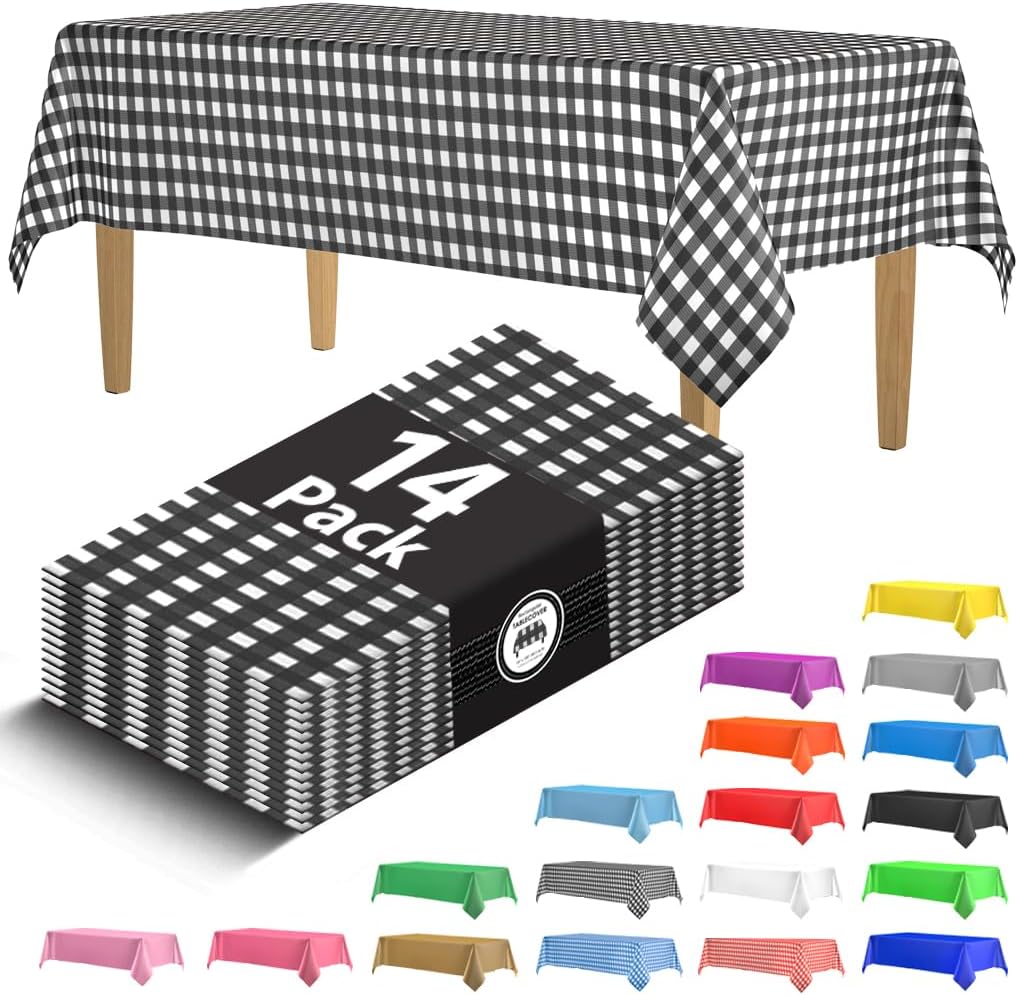 Skiennix 14-Pack Disposable Black Gingham Checkered Tablecloths - 54" x 108" for Parties & Events