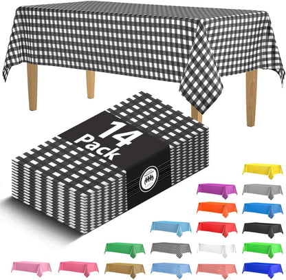 Skiennix 14-Pack Disposable Black Gingham Checkered Tablecloths - 54" x 108" for Parties & Events