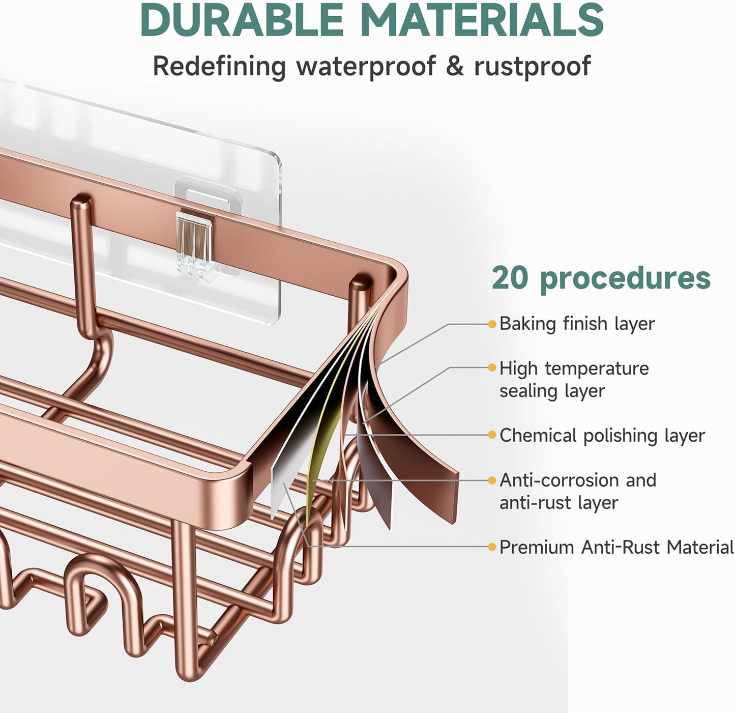 Veken Shower Caddy - 6-Pack Waterproof Adhesive Shelves | No Drilling, Rustproof, Large Capacity - Rose Gold