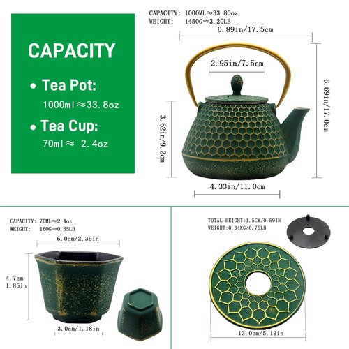 Cast Iron Tea Kettle Set, 33.8oz Hexagon Pattern Teapot Set with Cups, Teapot Coated with Enameled Interior, Durable Cast Iron Teapot Set with Stainless Steel Infuser