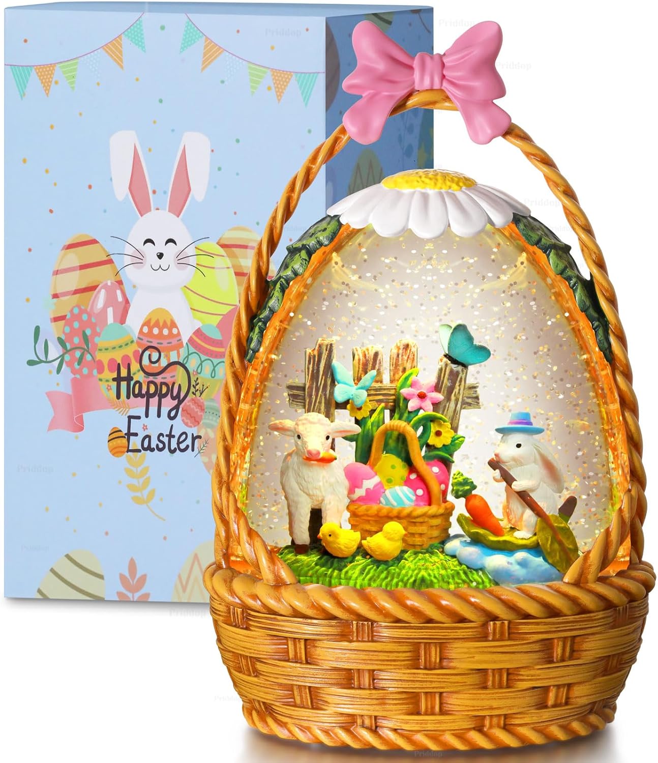 Priddop Easter Bunny Snow Globe | 9.5-Inch Decorative Basket with Glittering Snowfall & Timer
