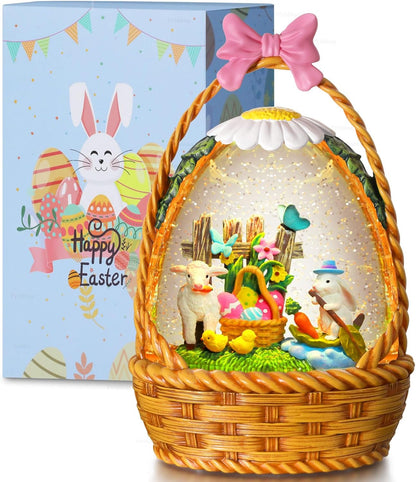 Priddop Easter Bunny Snow Globe | 9.5-Inch Decorative Basket with Glittering Snowfall & Timer