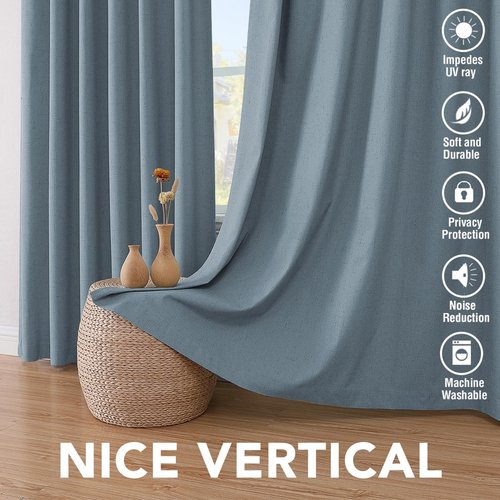H.VERSAILTEX Primitive Linen Curtains 100% Blackout Curtain Drapes Burlap Curtains with White Thermal Insulated Liner, Grommet Top Drapes Living Room/Bedroom (2 Panels, 42 x 54 Inch, Stone Blue)