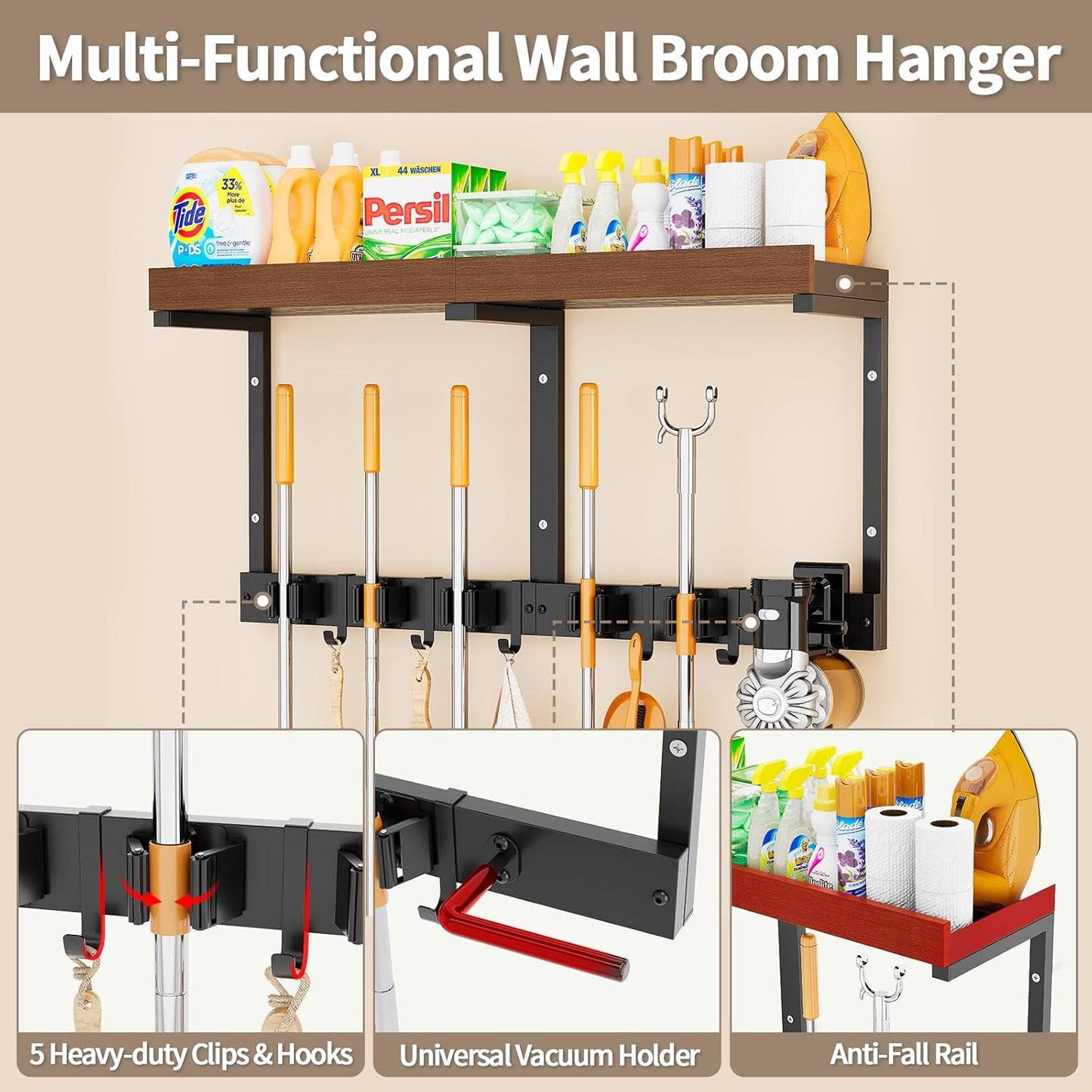 Skiennix Broom Holder Wall Mount - Space-Saving Cleaning Supplies Organizer for Home & Garage
