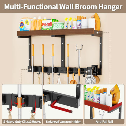 Skiennix Broom Holder Wall Mount - Space-Saving Cleaning Supplies Organizer for Home & Garage