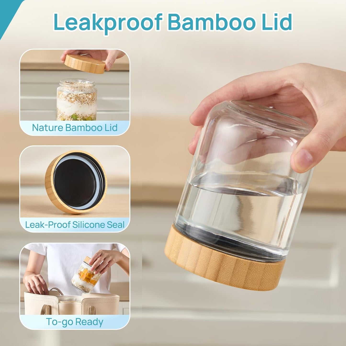 Vtopmart 16oz Glass Overnight Oats Containers - 6 Pack with Bamboo Lids | Leak-Proof & Reusable Storage Jars