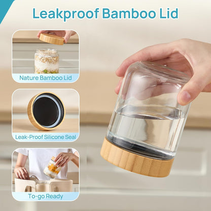 Vtopmart 16oz Glass Overnight Oats Containers - 6 Pack with Bamboo Lids | Leak-Proof & Reusable Storage Jars