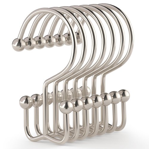Goowin Shower Curtain Hooks, 12 Pcs Shower Curtain Rings, Durable Shower Curtain Rings Rust Proof, Double Glide Shower Rings for Curtain, Simple Shower Hooks for Shower Curtain & Liner, Brush Nickel