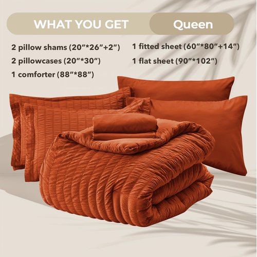 HYMOKEGE Burnt Orange Queen Comforter Set Seersucker 7 Pieces, All Season Luxury Bed in a Bag for Bedroom, Bedding Set with Comforters, Sheets, Pillowcases & Shams