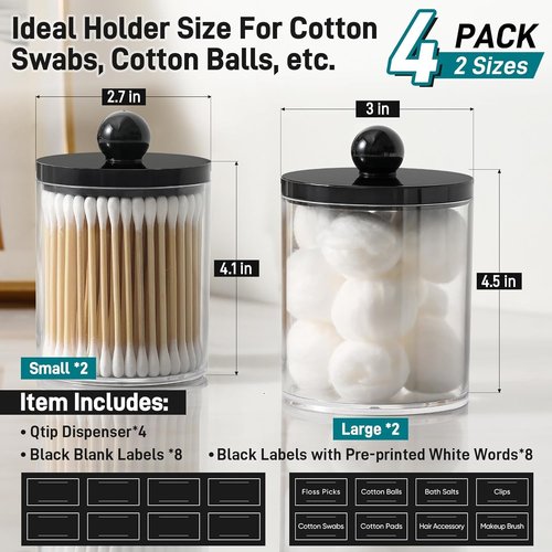 Clear & Black Acrylic Qtip Holder Dispenser | 4 Pack Cotton Swab Storage Canister Set - Bathroom Essentials