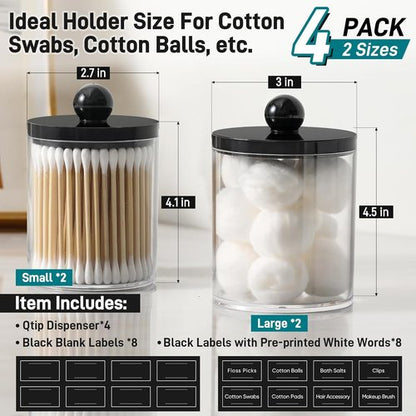Clear & Black Acrylic Qtip Holder Dispenser | 4 Pack Cotton Swab Storage Canister Set - Bathroom Essentials