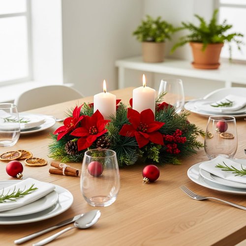 Kathfly 20" Christmas Poinsettia Centerpiece - Elegant Holiday Table Decoration with Candle Holders & Red Flowers