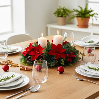 Kathfly 20" Christmas Poinsettia Centerpiece - Elegant Holiday Table Decoration with Candle Holders & Red Flowers