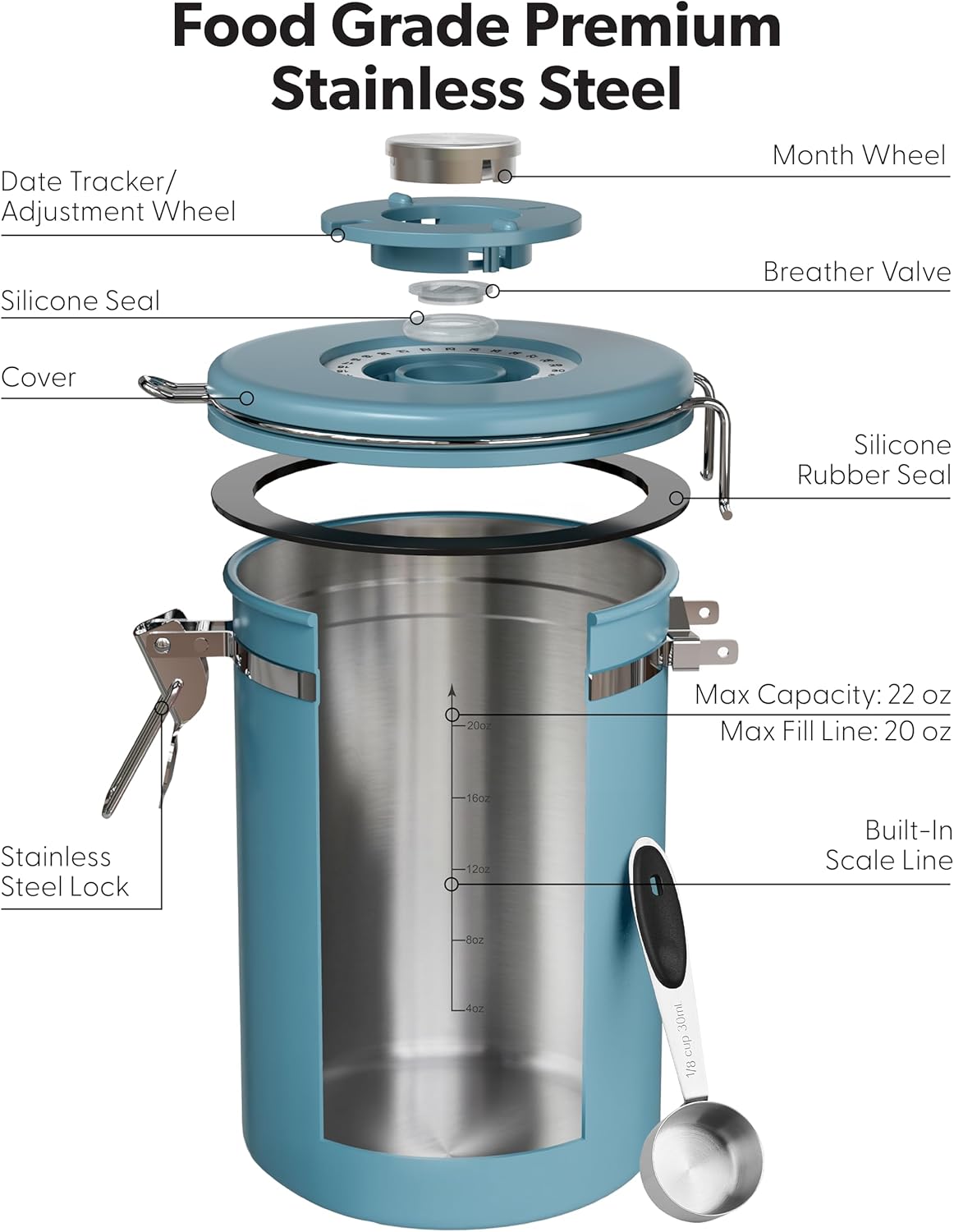 Veken Coffee Canister - Airtight Stainless Steel Container with Window | 22oz Blue for Grounds & Beans
