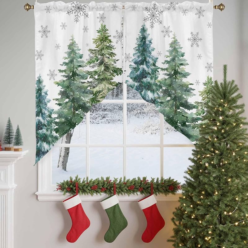 Christmas Swag Valance with Green Pine Tree Pattern, 36W x 45L, 2 Panels, Rod Pocket - Xmas Tree + 36W x 45L