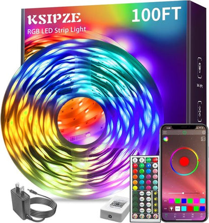 KSIPZE 100ft RGB LED Strip Lights - Music Sync & Smart App Control for Bedroom Décor