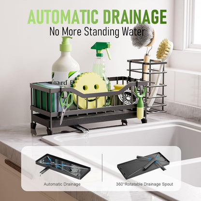 Skiennix Kitchen Sink Caddy - Rustproof Stainless Steel Sponge Holder & Dish Brush Organizer | Black