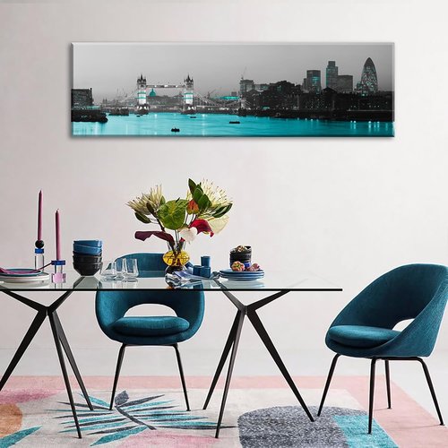 London Framed Wall Art Canvas - Black and White London Bridge Poster | 14" x 48" Cityscape Decor