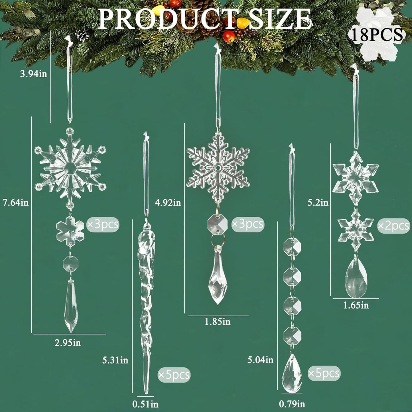 Skiennix 18pcs Crystal Christmas Ornaments - Hanging Acrylic Snowflake Icicle Decor for Winter Wonderland