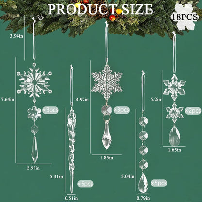 Skiennix 18pcs Crystal Christmas Ornaments - Hanging Acrylic Snowflake Icicle Decor for Winter Wonderland