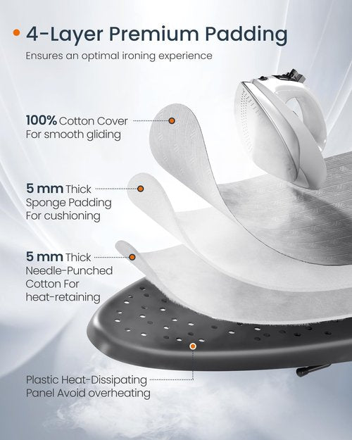 SONGMICS Ironing Board, Foldable Iron Board, Height Adjustable up to 35 Inches, with 4 Layered Cover and Pad, Iron Rest, Hook, Steel X-Legs, for Home, Laundry Room, Dorm, Dove Gray ULLB001G01