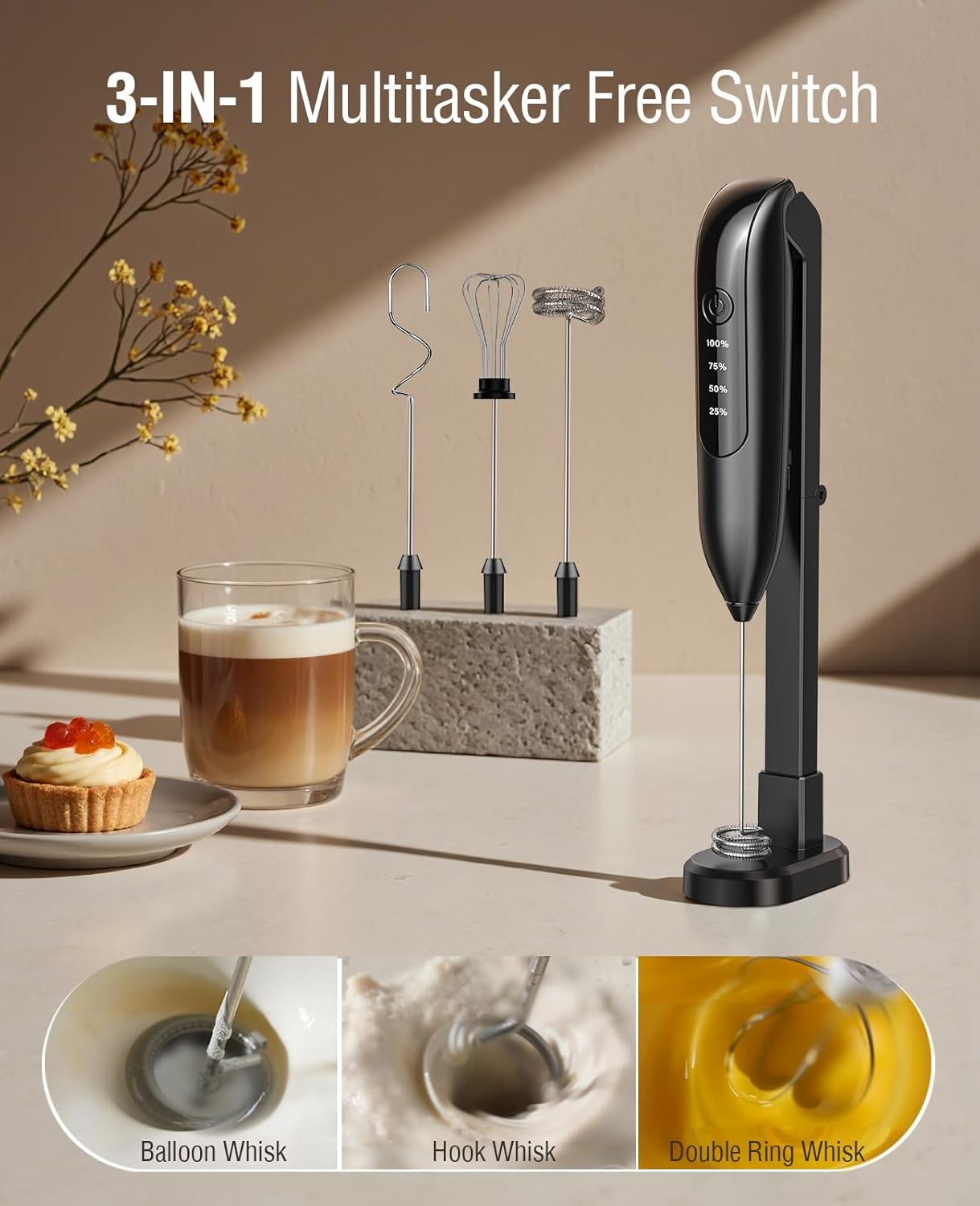 Skiennix Electric Milk Frother - Rechargeable 3-in-1 with LED Display & Wireless Charging | 3 Speeds, Stainless Steel Whisk, Bright Grey