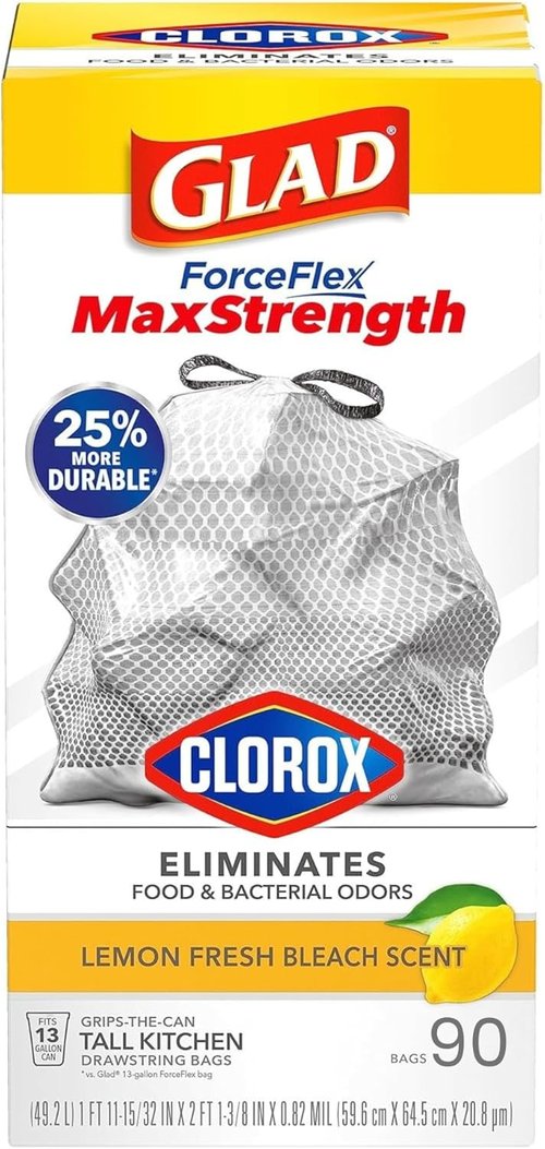 Glad ForceFlex MaxStrength Kitchen Drawstring Bags - Lemon Fresh Scent | 13 Gallon, 90 Count