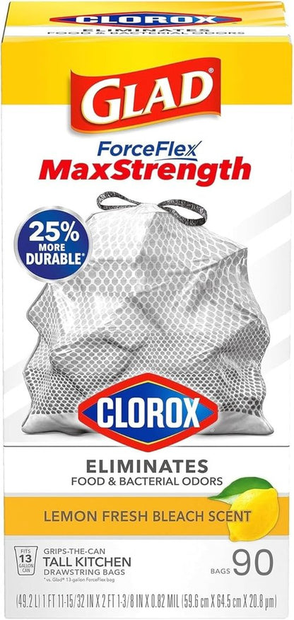 Glad ForceFlex MaxStrength Kitchen Drawstring Bags - Lemon Fresh Scent | 13 Gallon, 90 Count