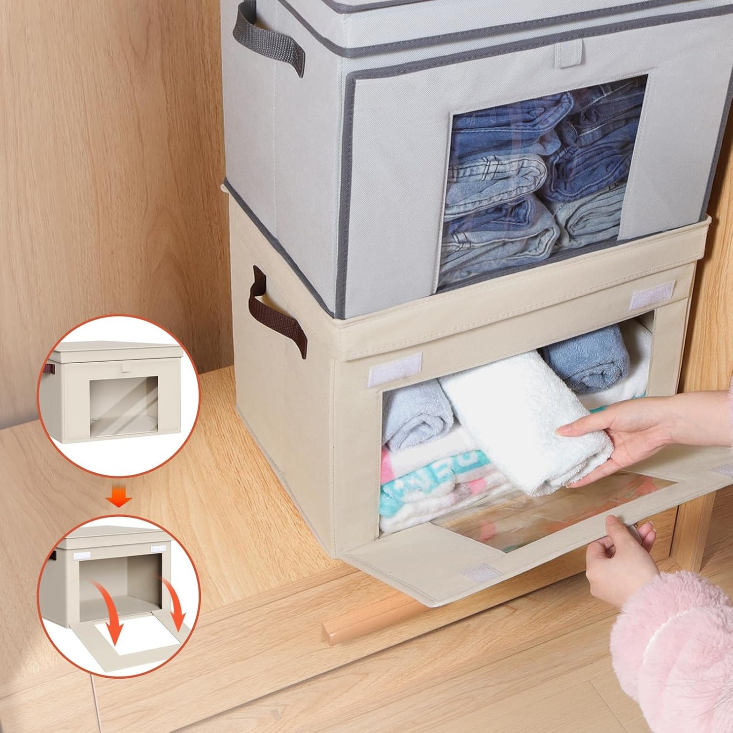 Univivi Storage Bins - Large Foldable Fabric Organizers with Lids & Handles | 4 Pack, Beige (16.5" x 12" x 12")