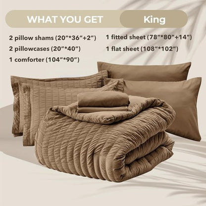 HYMOKEGE King Size Comforter Set - Luxury 7-Piece All-Season Bedding Set in Brown with Sheets & Pillowcases
