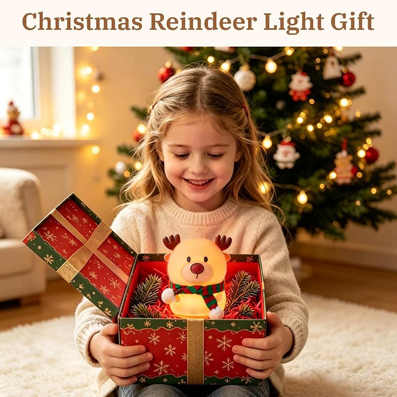 Reindeer Night Light for Kids – 7-Color USB Rechargeable Silicone Lamp with 3 Brightness Levels, Christmas Scarf