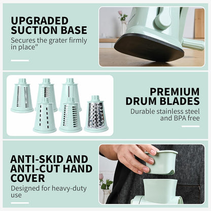 Skiennix 6-in-1 Rotary Cheese Grater - Hand Crank with 6 Stainless Steel Blades | Easy Clean & Suction Base