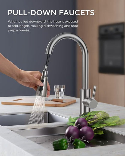 FORIOUS Kitchen Faucet - Brushed Nickel Pull Down Sprayer, High Arc Design for Farmhouse & RV Use