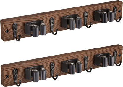 OUTNILI Mop Broom Holder Wall Mount - 2 Pack with 3 Slots & 4 Hooks for Kitchen Organization | Rustic Wood Design