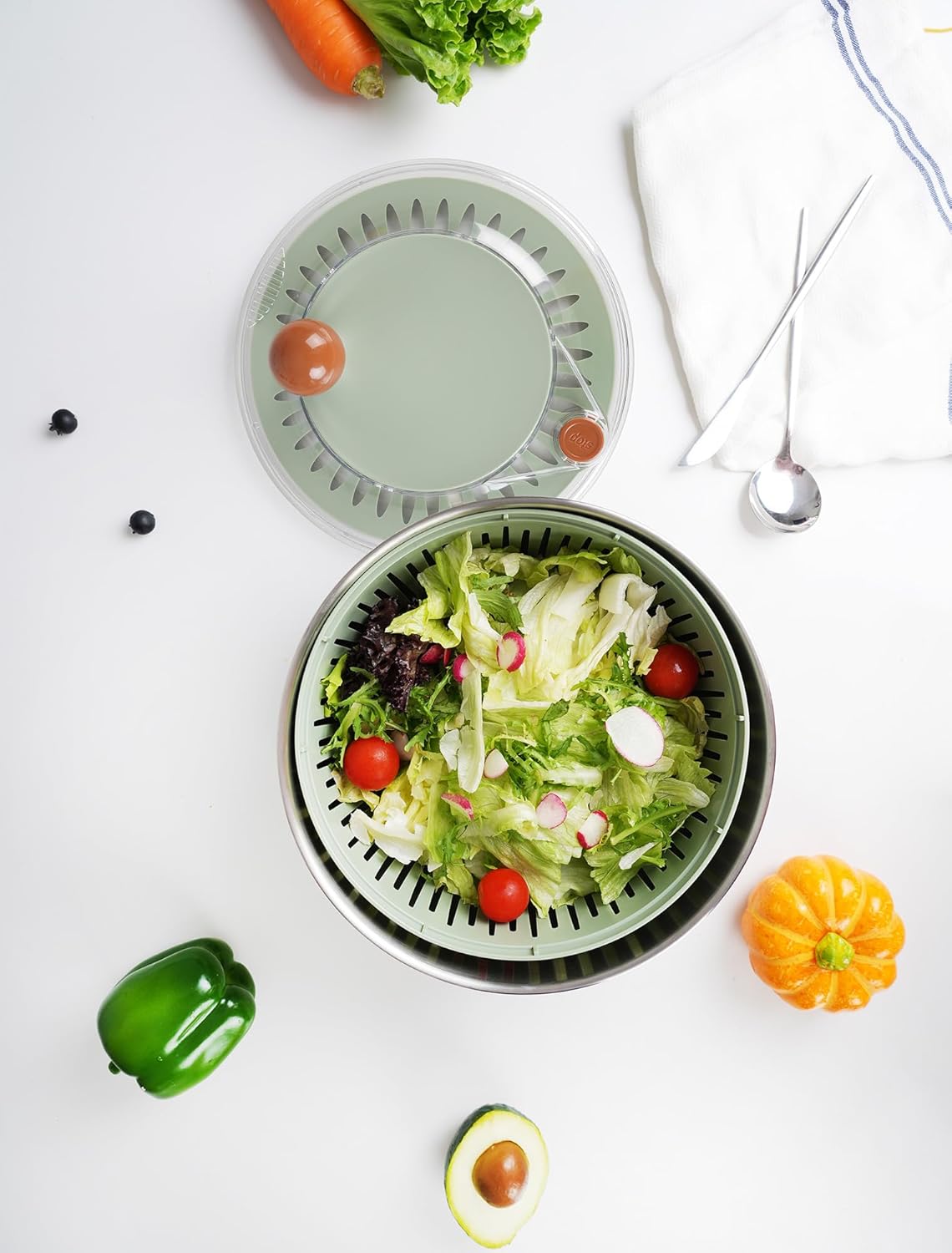 Stainless Steel Salad Spinner - 5.3 Qt Lettuce Spinner with Non-Slip Base & Drain | BPA Free