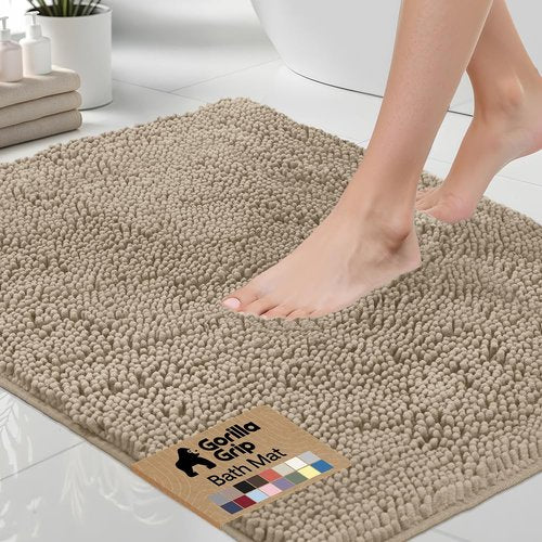 GORILLA GRIP Bath Rug Mat 70x24, Thick Absorbent Chenille, Quick Dry Microfiber Mats, Rubber Backing Washable Shower Floor Rugs, Bathmat Runner, US Designed Bathroom Home Decor Accessories Gray Beige